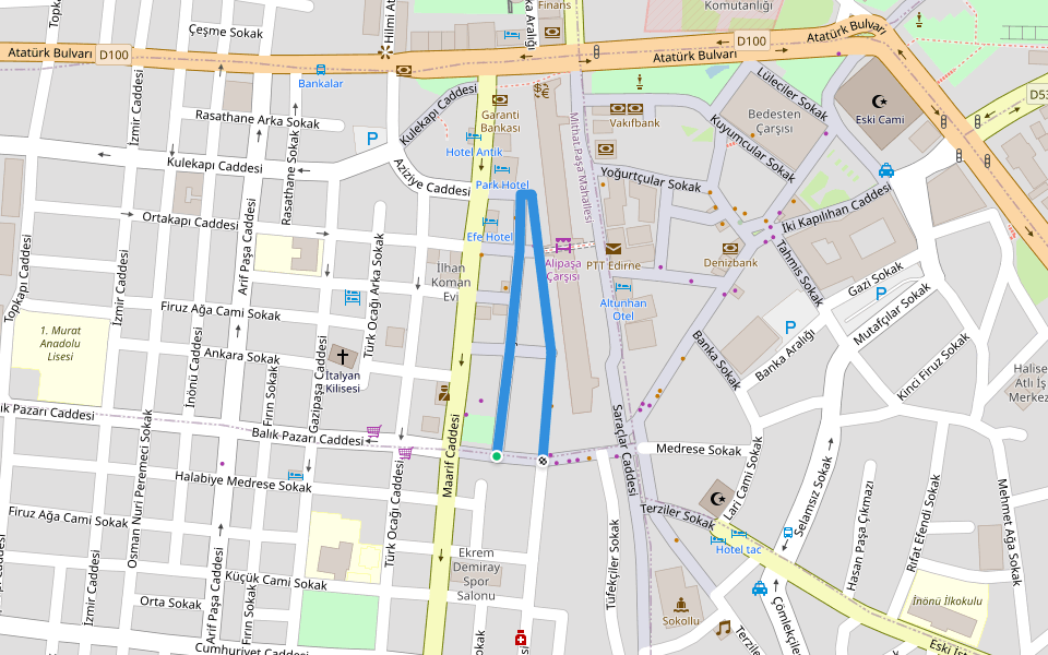 Osmaniye Caddesi walking route map in Edirne