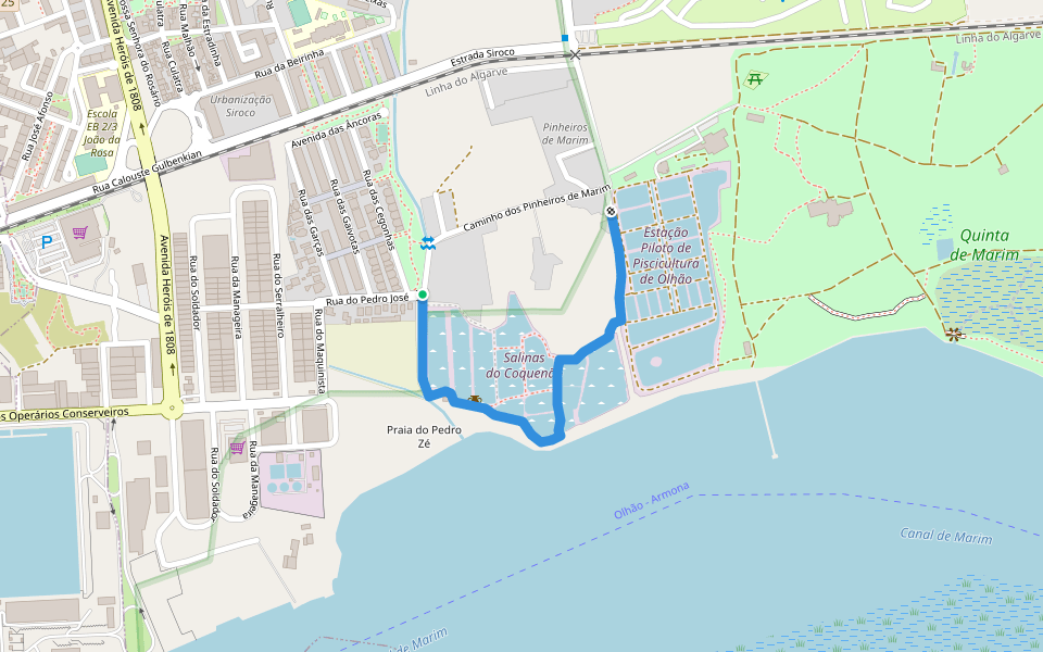 Salinas do Coquenão walking route map in Quelfes