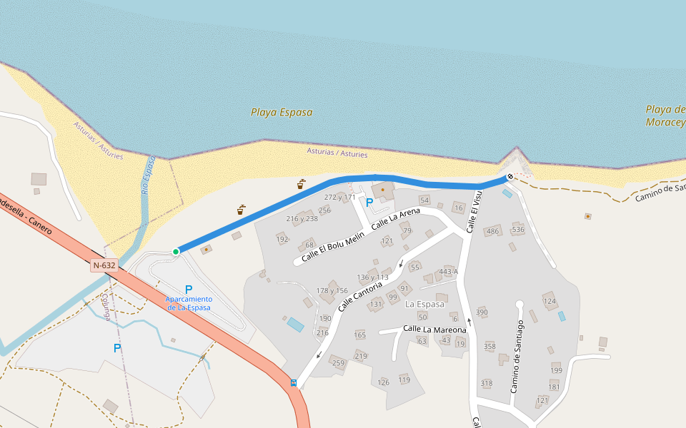 Paseo Playa Espasa (Camino de Santiago) walking route map in Caravia