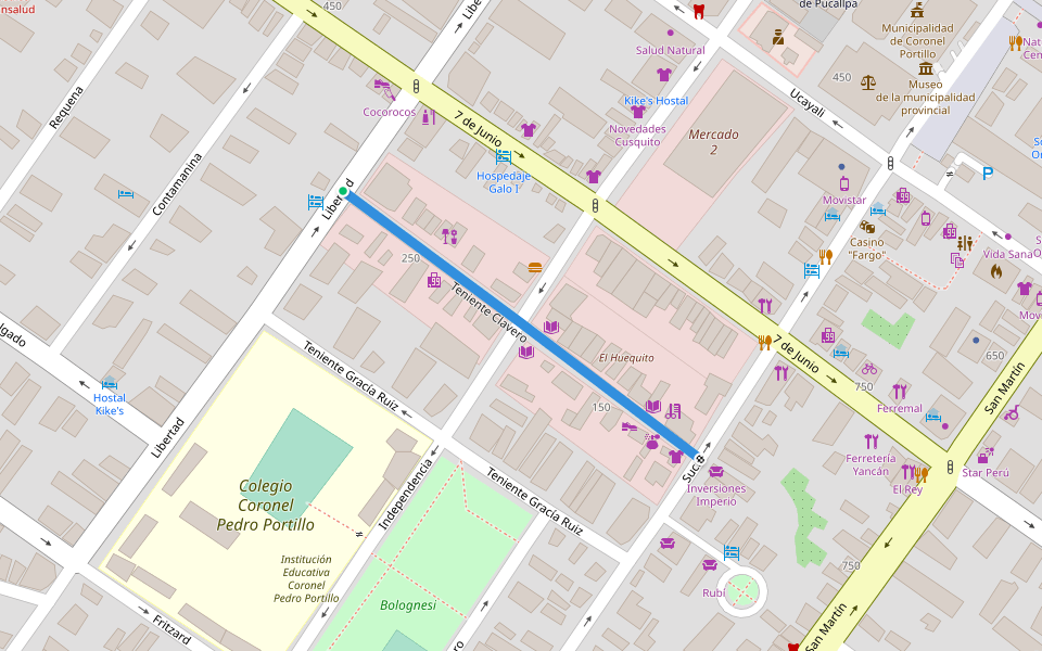 Teniente Clavero walking route map in Pucallpa