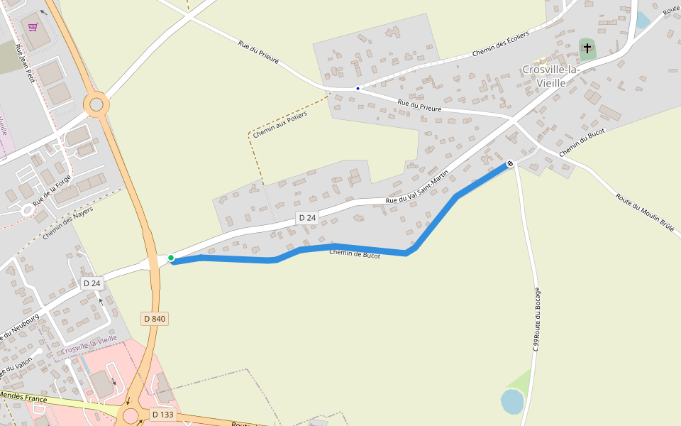 Chemin de Bucot walking route map in Crosville-la-Vieille