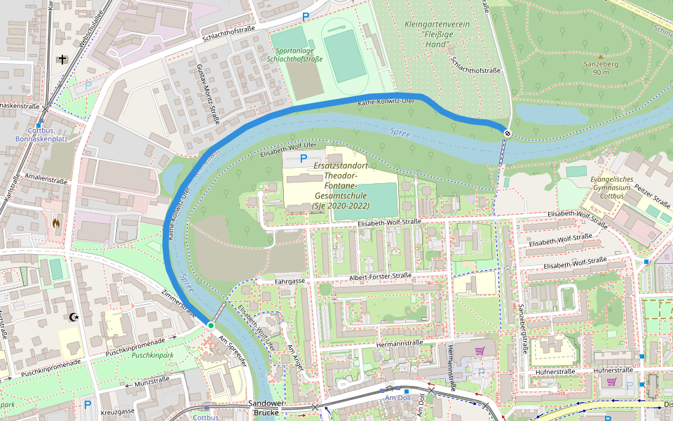 Käthe-Kollwitz-Ufer walking route map in Cottbus