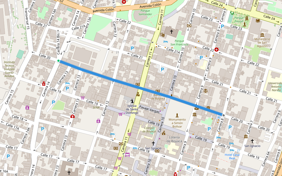 Calle 20 walking route map in Tunja