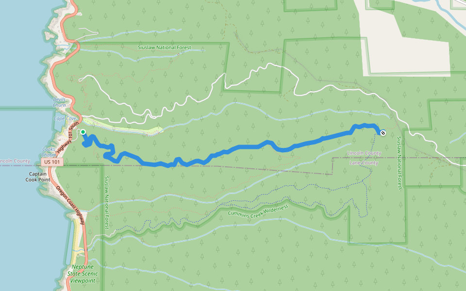 Cook's Ridge Trail walking route map in Yachats
