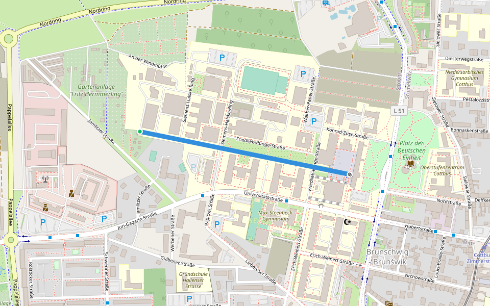 Konrad-Wachsmann-Allee walking route map in Cottbus