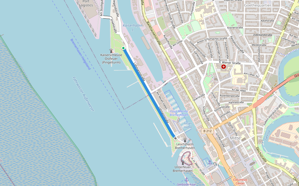 Kommodore-Ziegenbein-Promenade walking route map in Bremerhaven