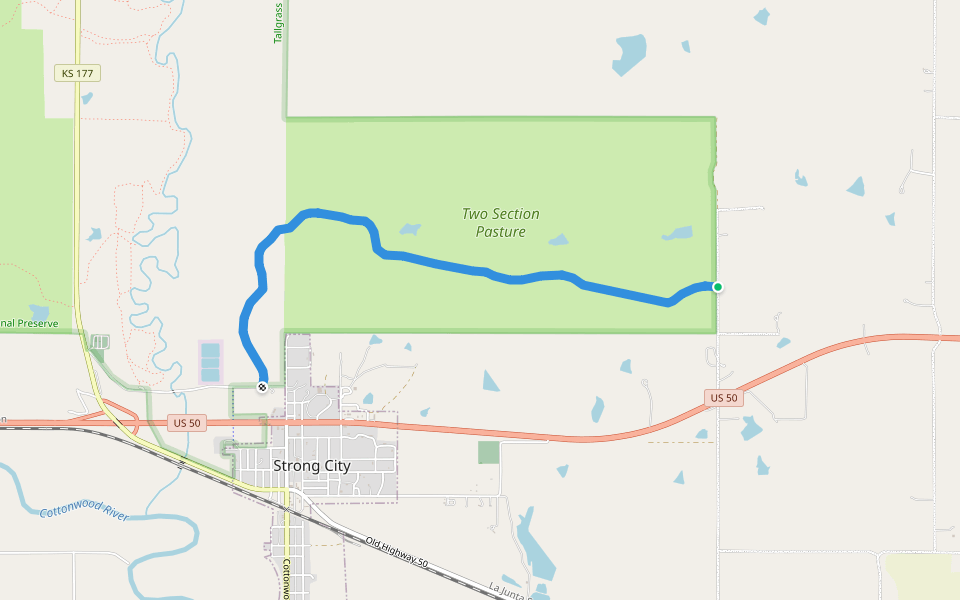 Two Section Trail walking route map in Strong City