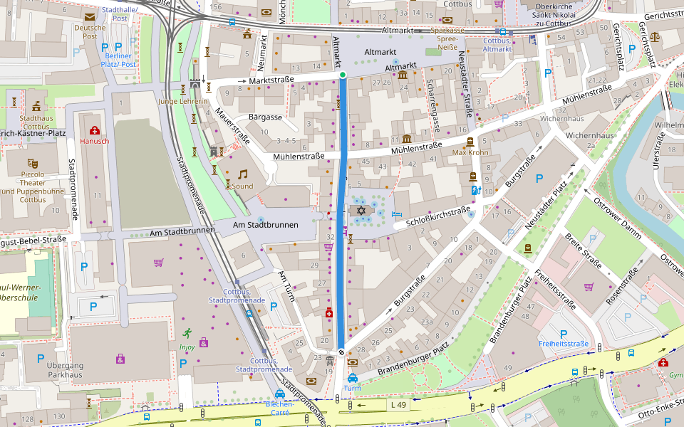 Spremberger Straße walking route map in Cottbus