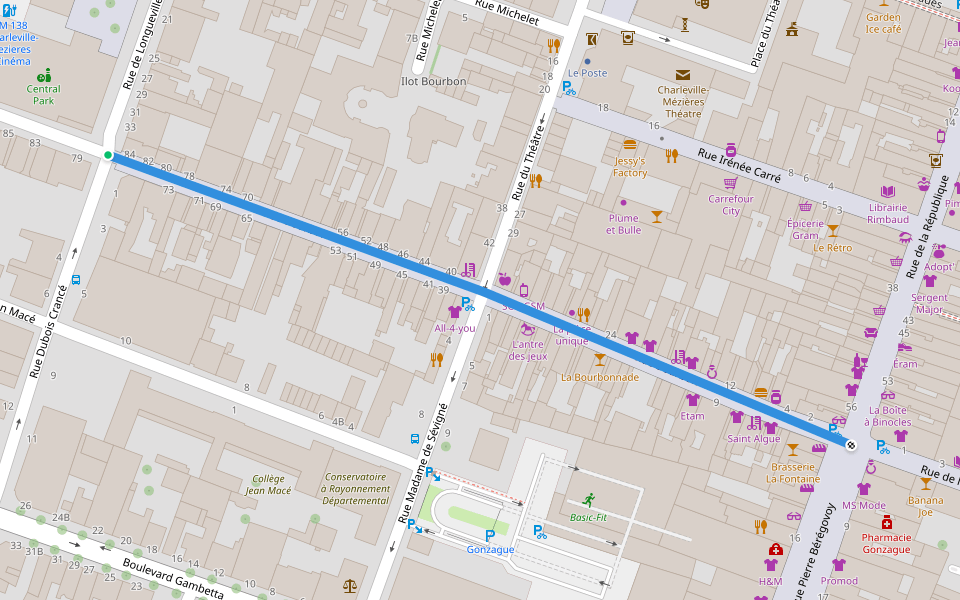 Rue Bourbon walking route map in Charleville-Mézières
