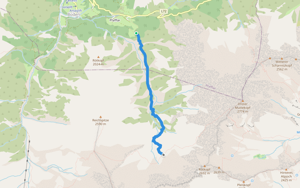 Pfafflar - Hanauer Hütte walking route map in Boden