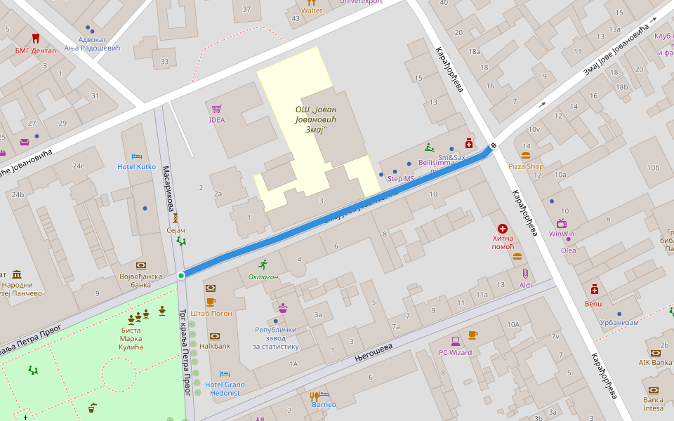 Змај Јове Јовановића walking route map in Pančevo