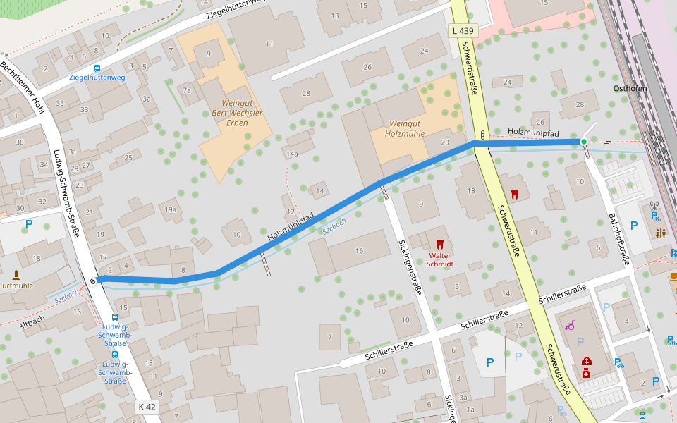 Holzmühlpfad walking route map in Osthofen