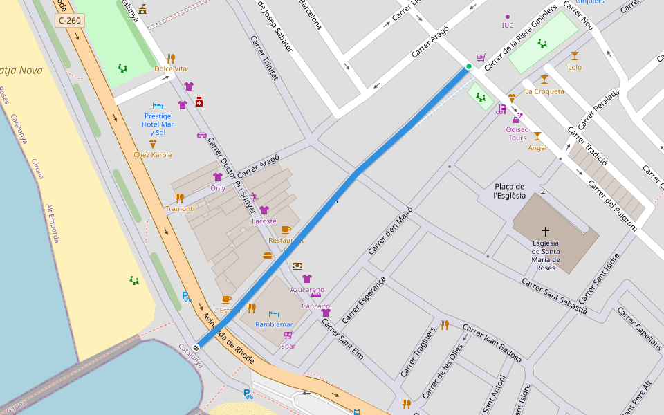 Riera Ginjolers walking route map in Roses