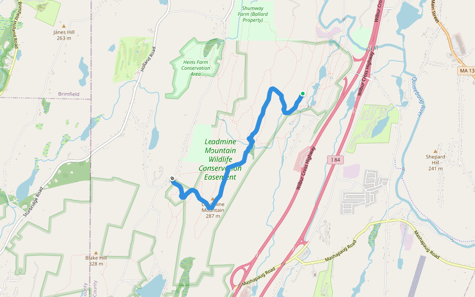 Seven Ridges Trail (yellow) walking route map in Sturbridge