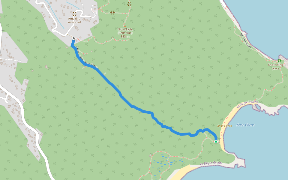 Jungle Trail to Anse Cocos walking route map in Silhouette