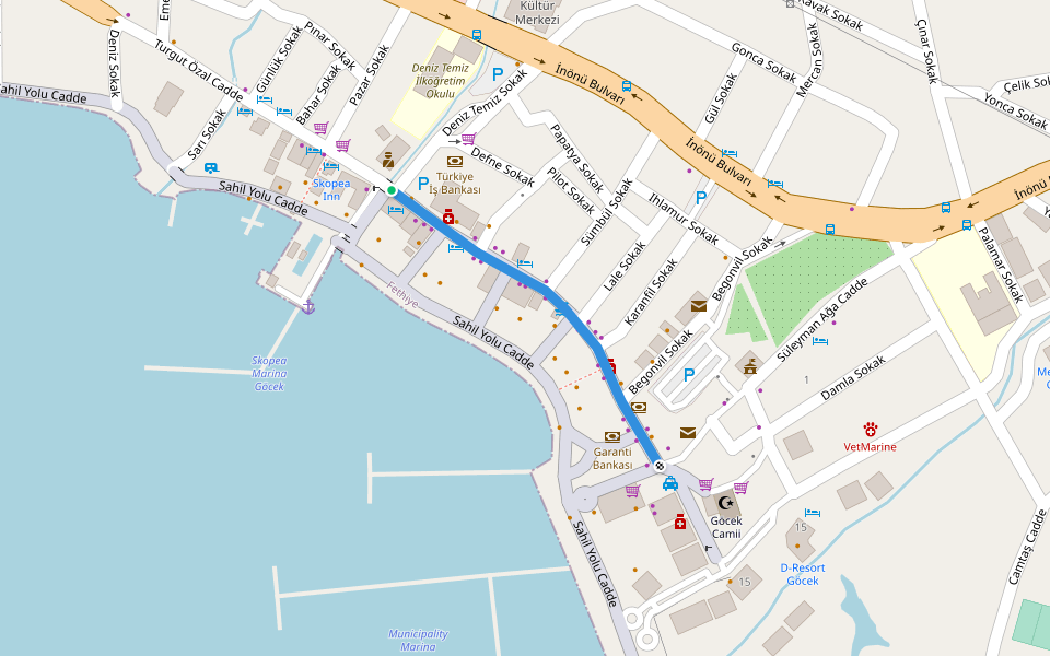 Turgut Özal Caddesi walking route map in Göcek