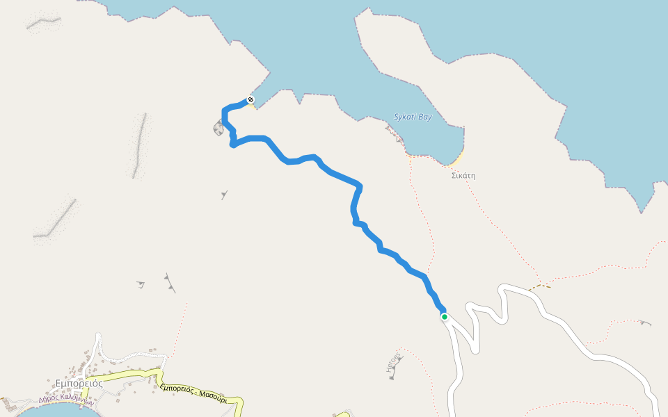 Sikati Cave and Vizotos Beach walking route map in Kalimnos