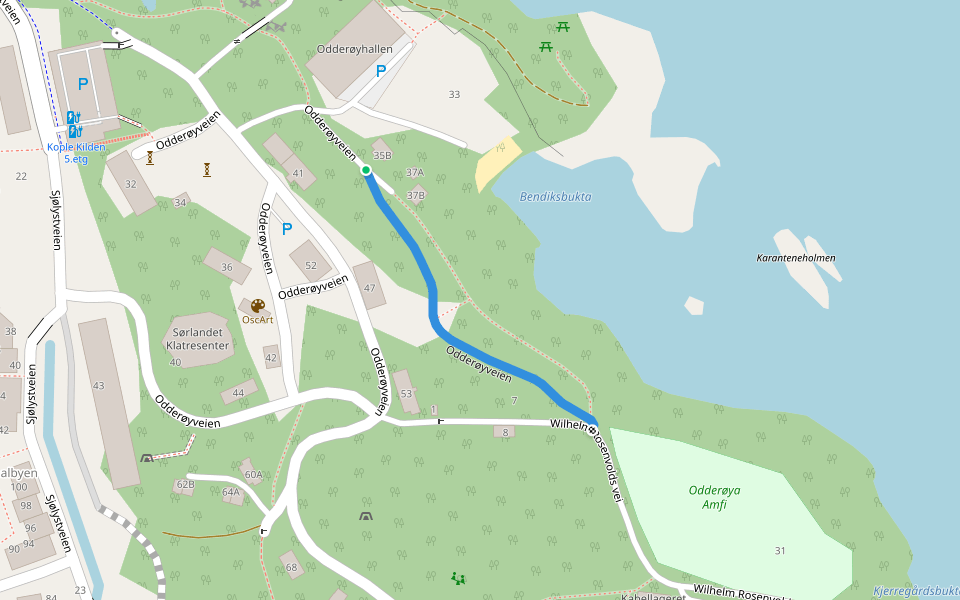 Odderøyveien walking route map in Kristiansand
