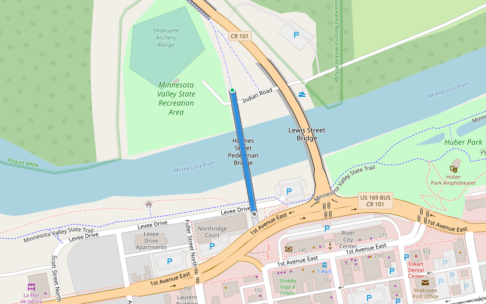 Holmes Street Pedestrian Bridge walking route map in Chaska