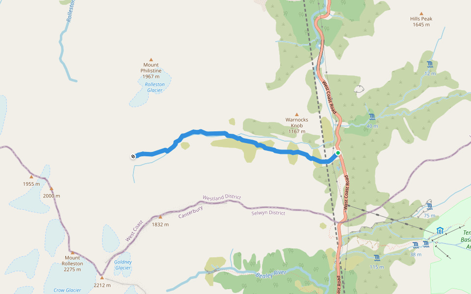 Upper Otira Valley Track walking route map in Arthur's Pass Village