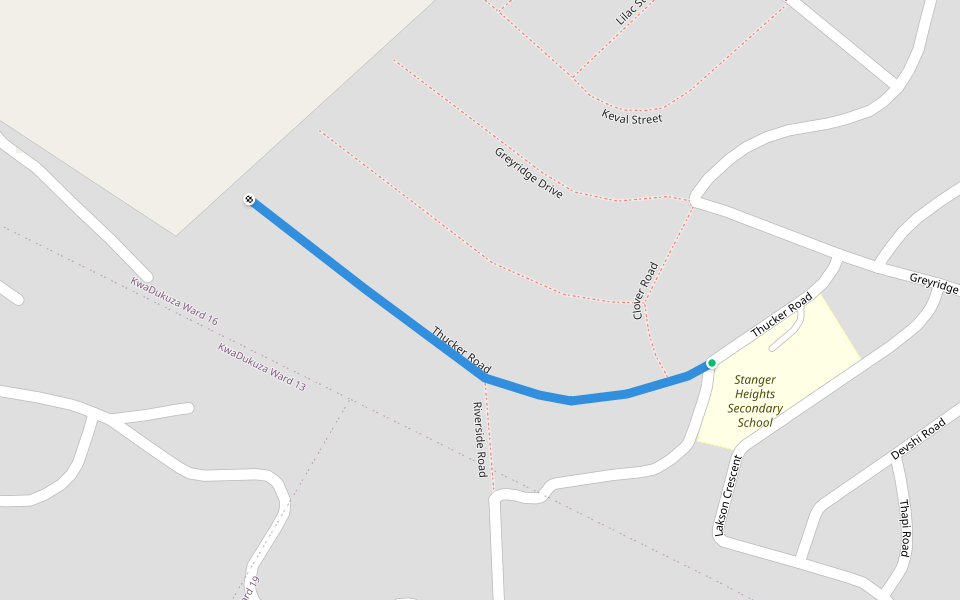 Thucker Road walking route map in KwaDukuza