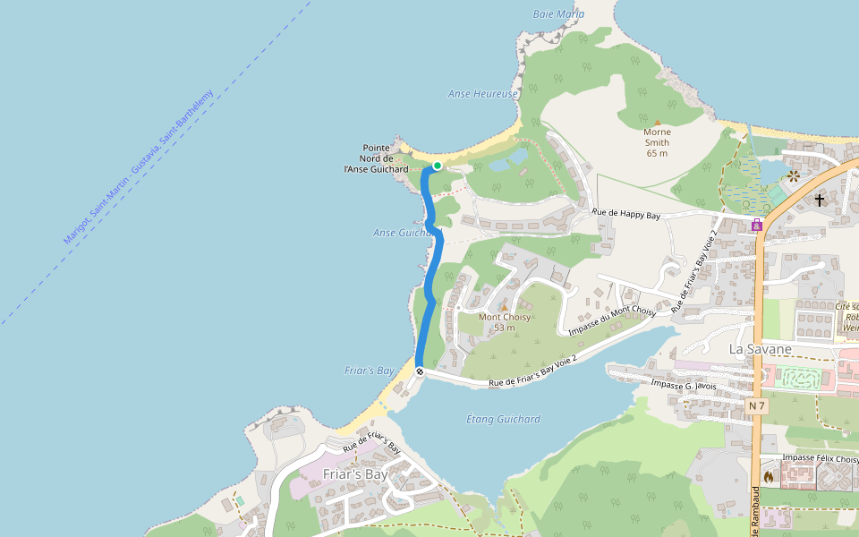 Chemin vers la plage de Happy Bay walking route map in Marigot