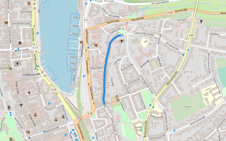 Sankt-Jürgen-Straße walking route map in Flensburg