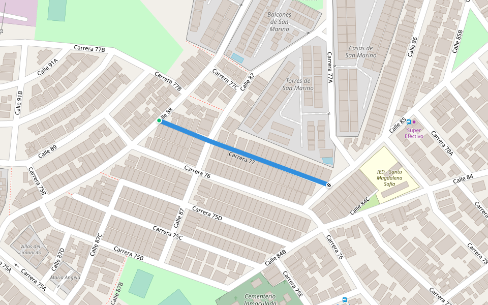 Carrera 77 walking route map in Barranquilla