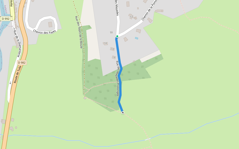 Rue des Mayades Prolongée walking route map in Felletin