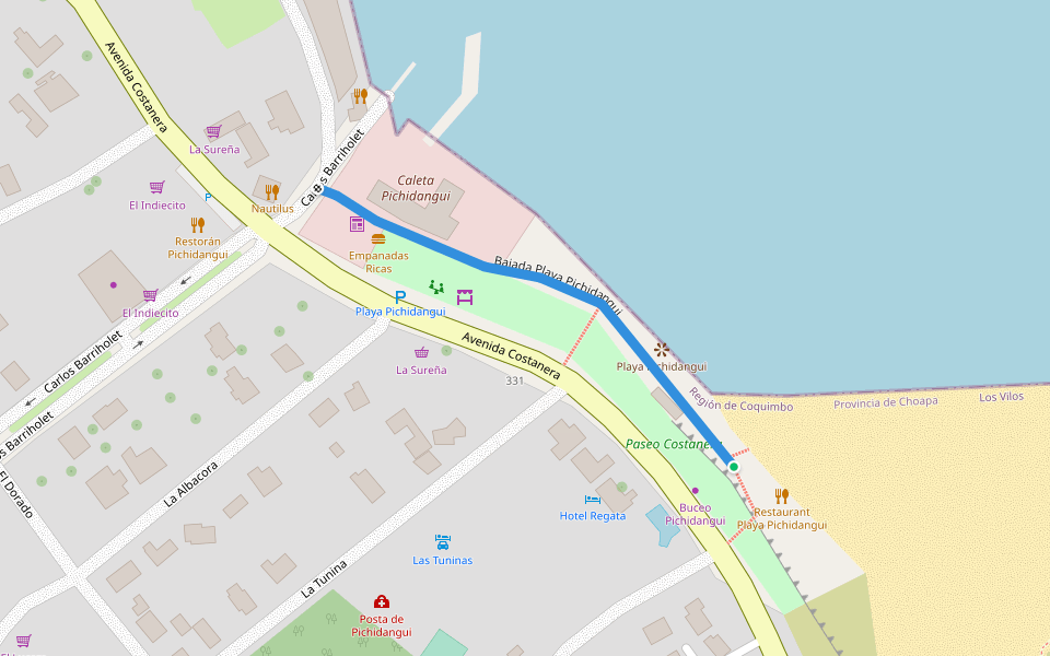 Bajada Playa Pichidangui walking route map in Pichidangui