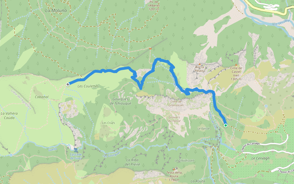 Sentier des Villettes walking route map in Roquebillière