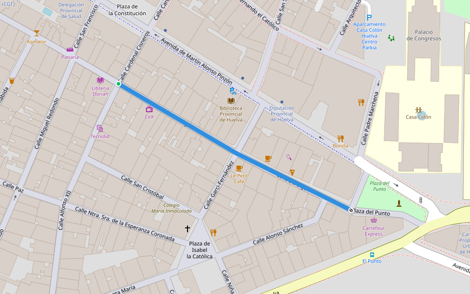 Calle Berdigón walking route map in Huelva