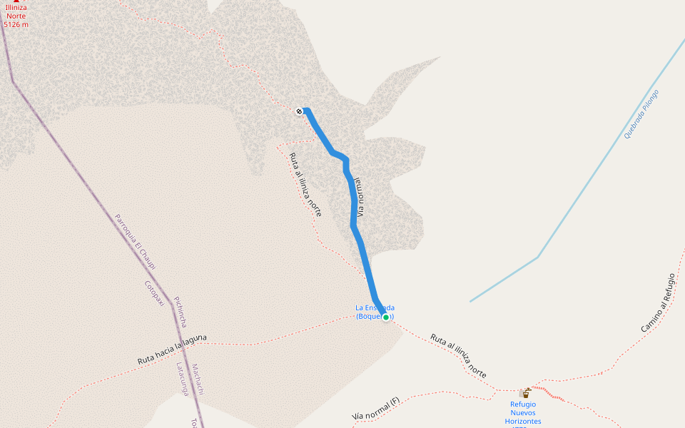 Vía normal walking route map in El chaupi
