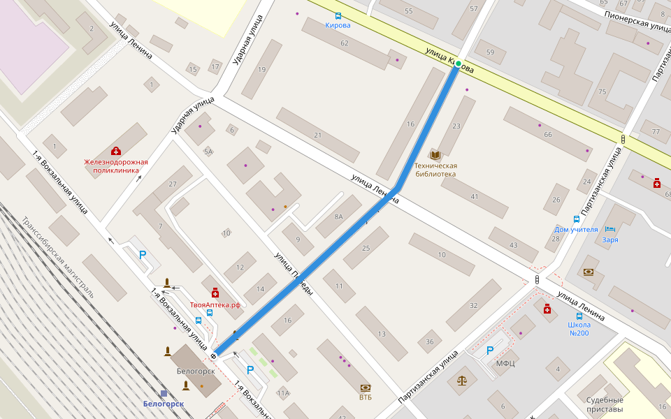 Почтовая улица walking route map in Belogorsk