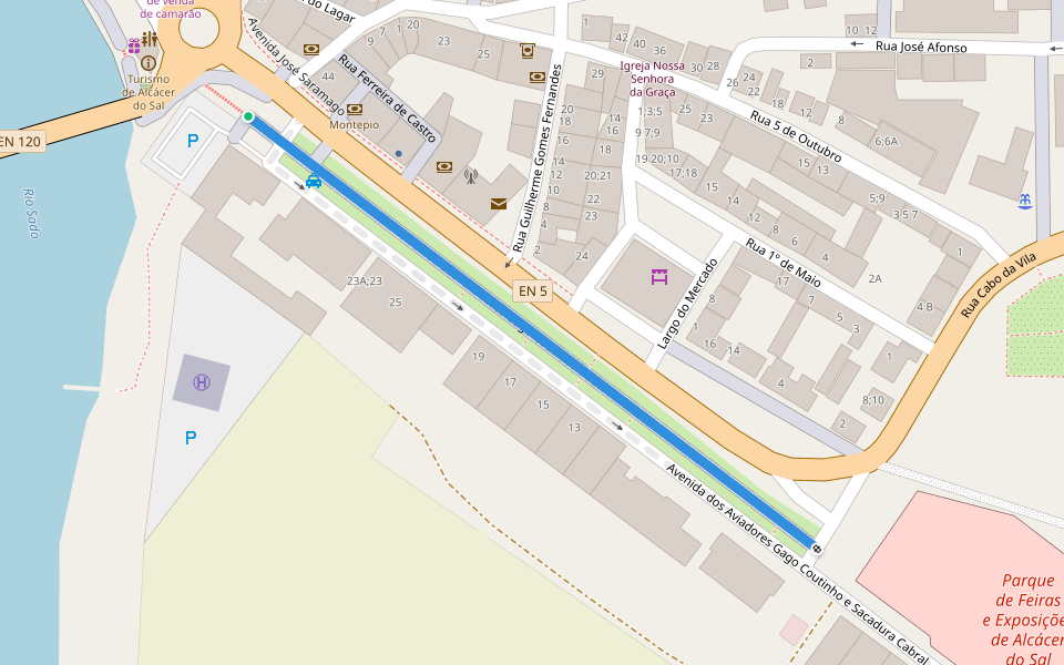 Avenida dos Aviadores Gago Coutinho e Sacadura Cabral walking route map in Alcácer do Sal