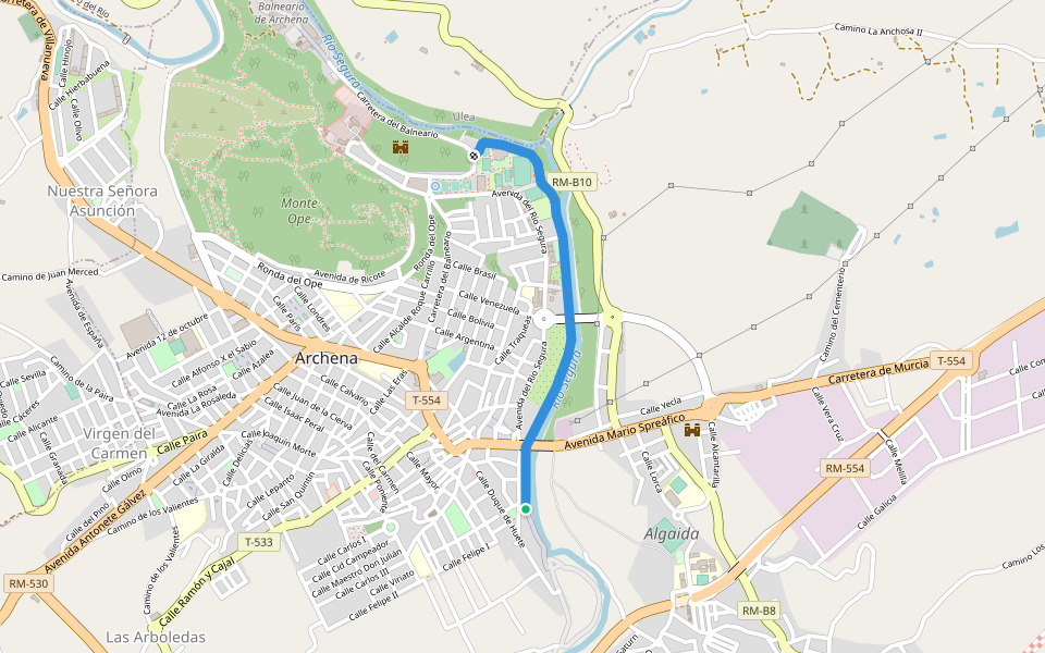 Paseo del Río walking route map in Archena