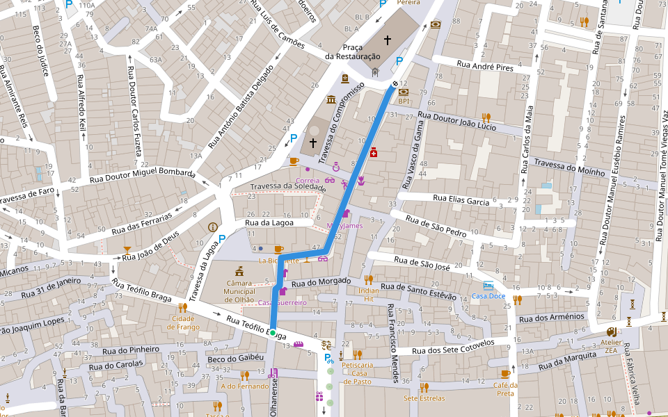 Rua do Comércio walking route map in Olhão
