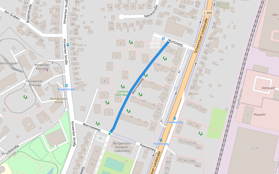 Warnowweg walking route map in Lübeck