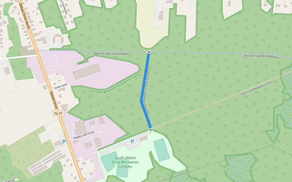 Trail from Bikepath to Park (CLOSED) walking route map in Glassboro