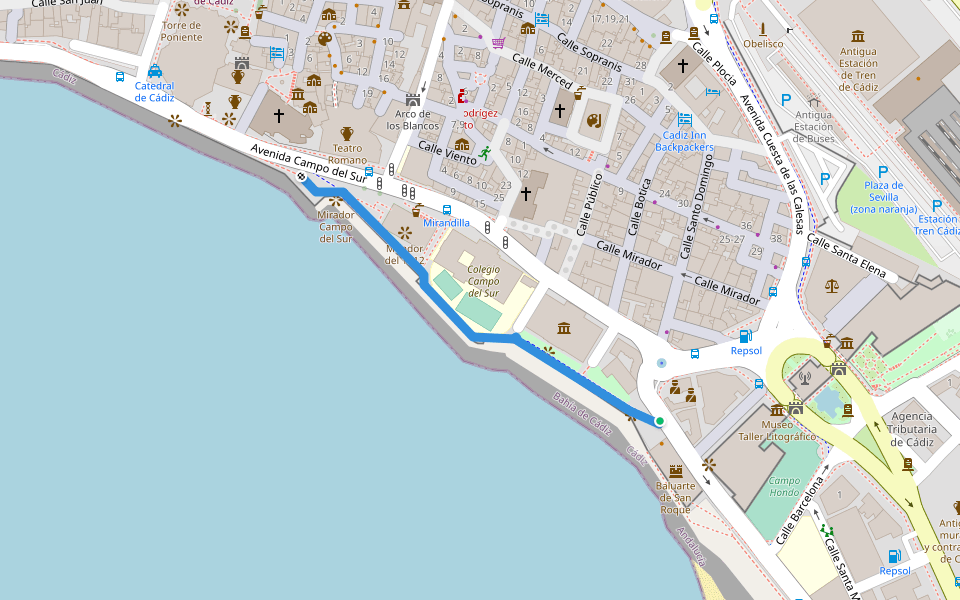 Paseo del Vendaval walking route map in Cádiz