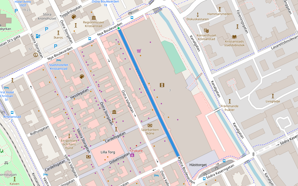 Östra Boulevarden walking route map in Kristianstad