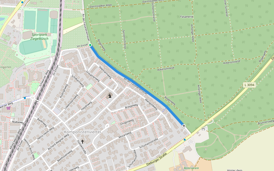 An der Fasaneriemauer walking route map in Darmstadt