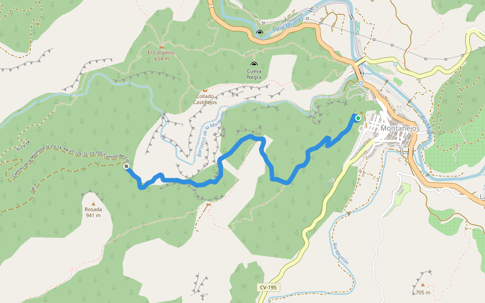GR-7, SL-CV 14, PR-VT 126, SL-CV 105, Camino del Cid walking route map in Montanejos