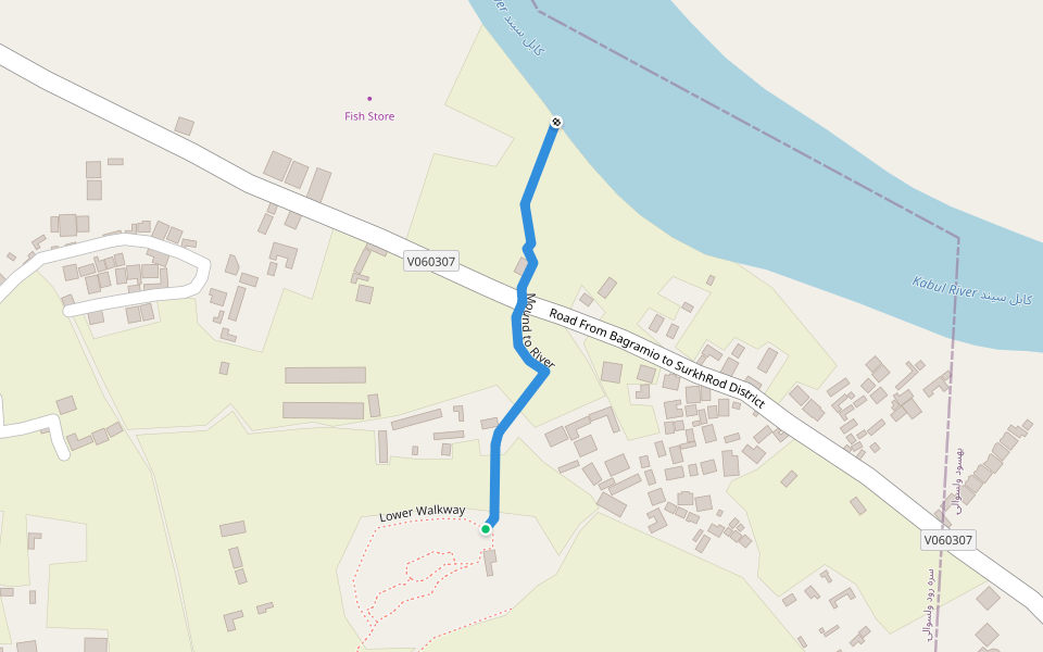 Mound to River walking route map in Jalalabad
