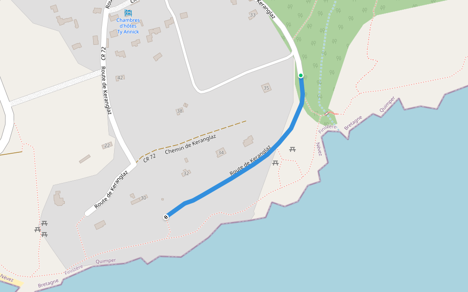 Route de Keranglaz walking route map in Névez