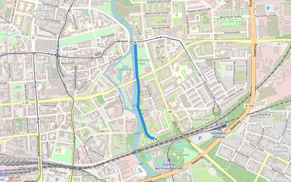 Ludwig-Leichhardt-Allee walking route map in Cottbus