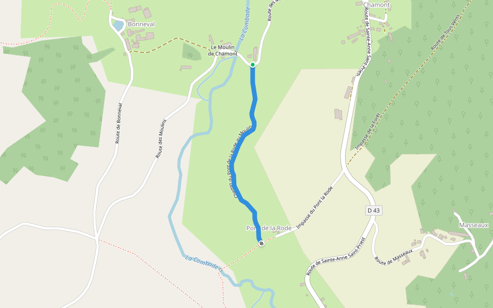 Chemin du Pont de la Rode au Moulin walking route map in Sussac