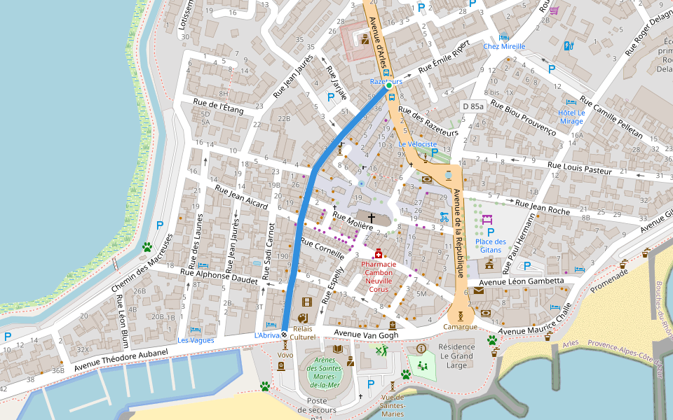 Avenue Frédéric Mistral walking route map in Saintes-Maries-de-la-Mer