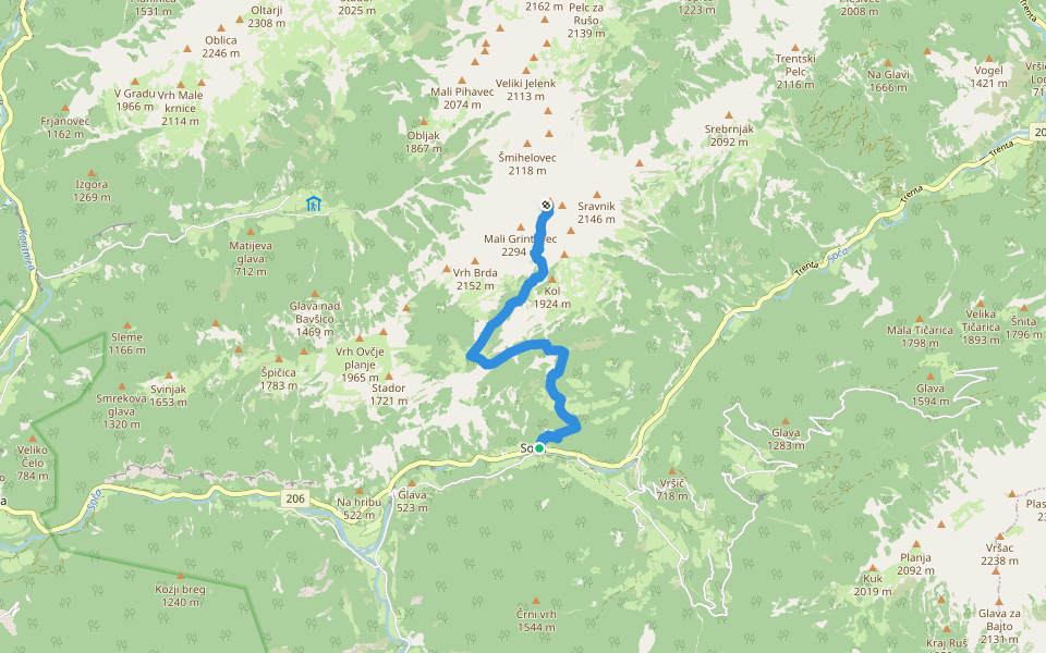 Soča - Bavški Grintavec walking route map in Soča