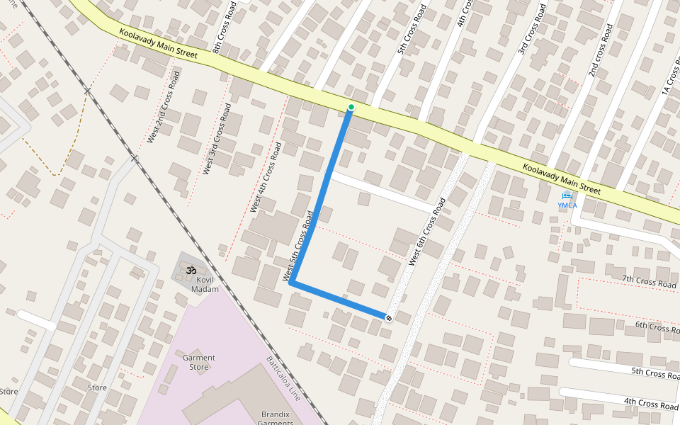 West 5th Cross Road walking route map in Batticaloa